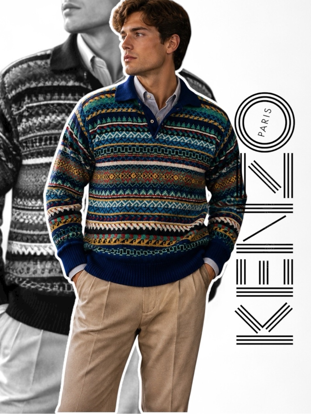 KENZO VINTAGE Blue Multicolore Geometric Patterned  Wool Knit Sweater Polo - Picture 2 of 6